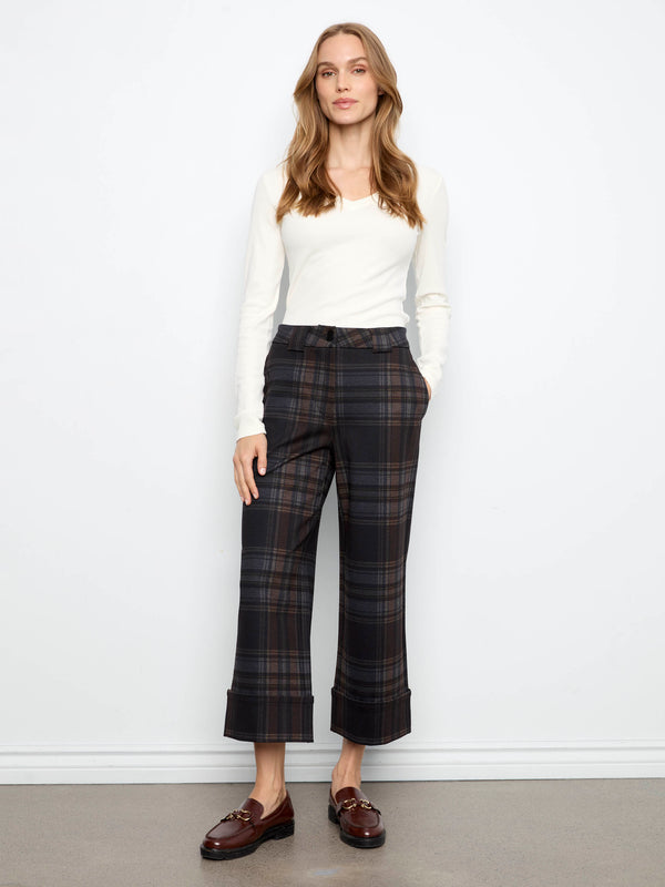 Plaid Cropped Wide Leg Ponte Pants With Cuffed Hem - Chocolate