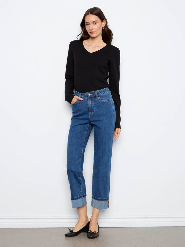 Cuffed Straight Leg Jeans With Leopard Trim - Washed Indigo