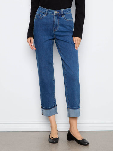 Jeans in blue with leopard print trim on the cuffed hem, offering a chic touch to your wardrobe by Charlie B.