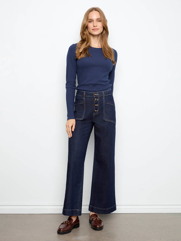 Wide Leg Button Front Jeans With Patch Pockets - Midnight