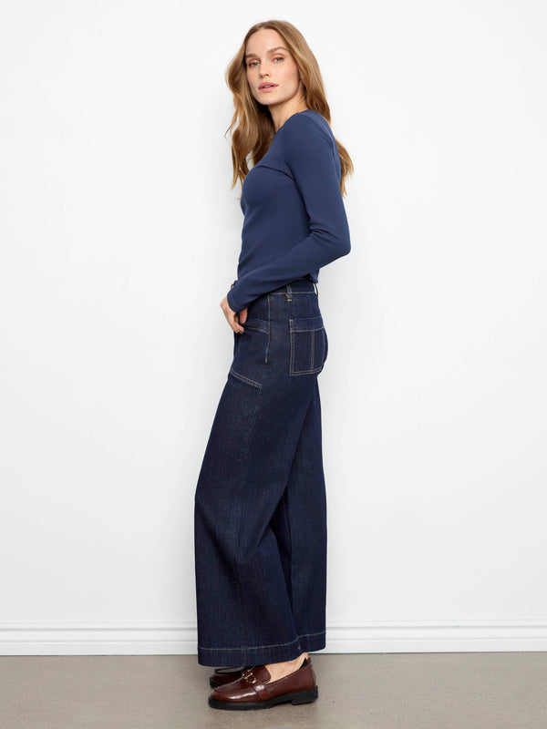 Wide Leg Button Front Jeans With Patch Pockets - Midnight