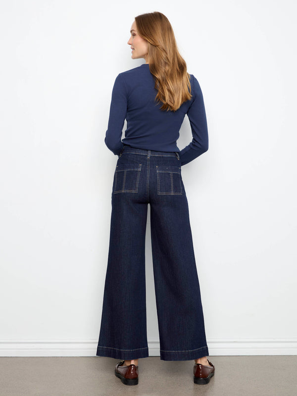 Wide Leg Button Front Jeans With Patch Pockets - Midnight