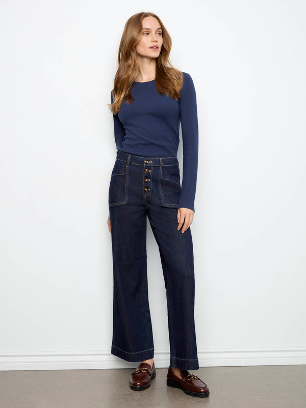 Wide Leg Button Front Jeans With Patch Pockets - Midnight