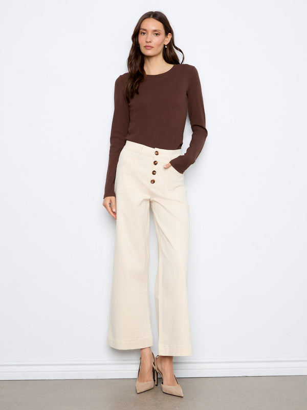 Wide Leg Button Front Flex Twill Pants With Patch Pockets - Natural