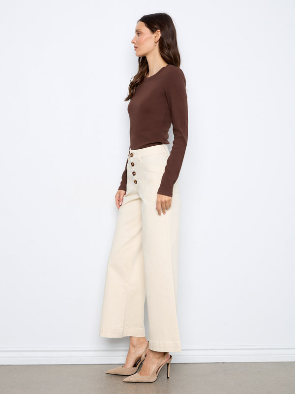 Wide Leg Button Front Flex Twill Pants With Patch Pockets - Natural
