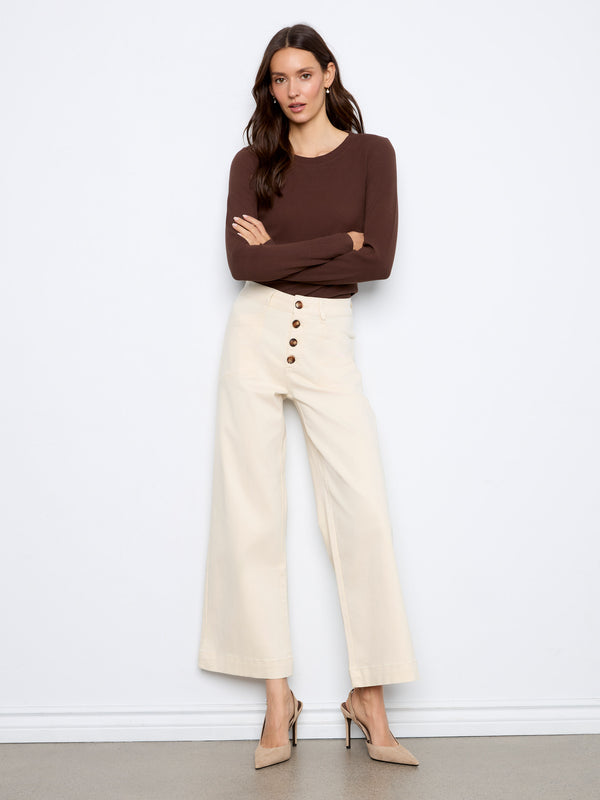 Wide Leg Button Front Flex Twill Pants With Patch Pockets - Natural