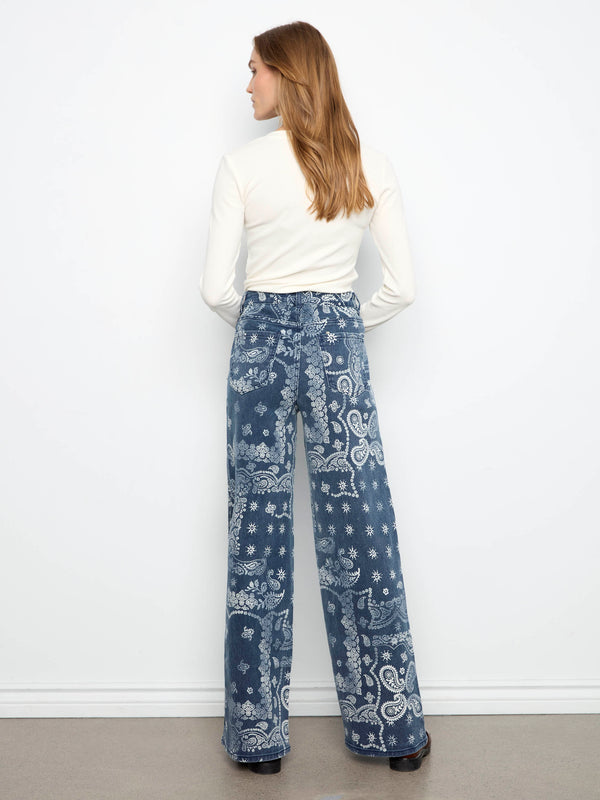 Wide Leg Printed Twill Pants - Bandana