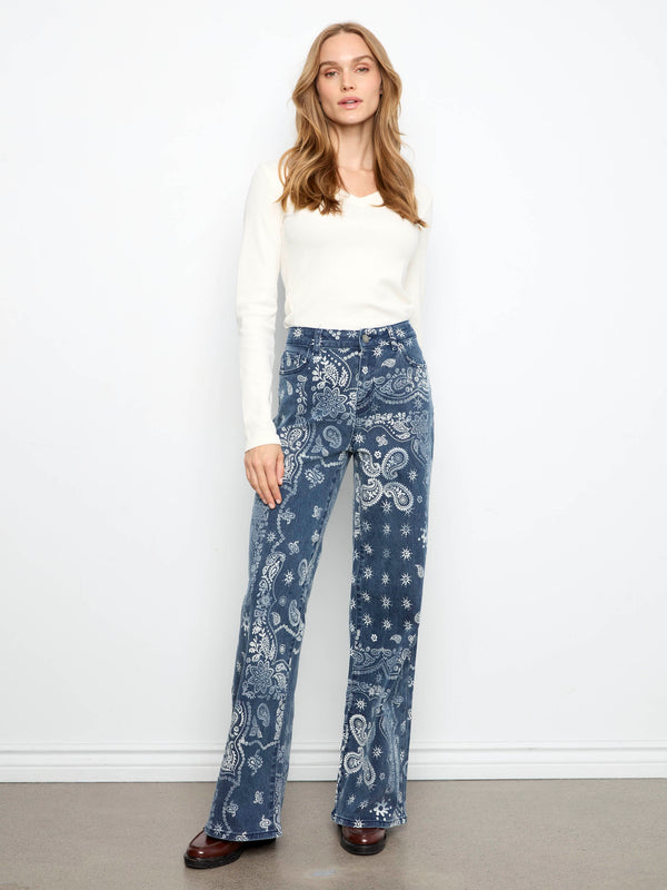 Wide Leg Printed Twill Pants - Bandana