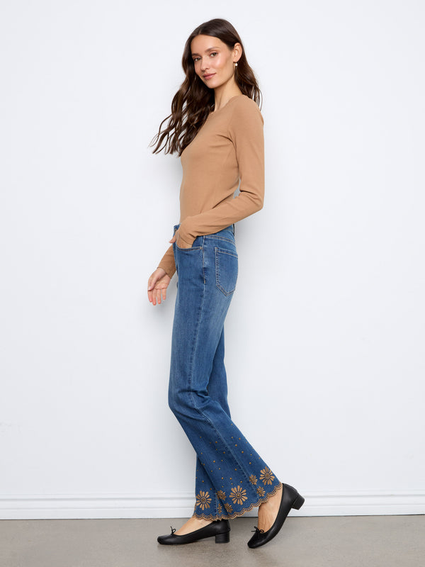 Embroidered Flare Leg Jeans With Studded Scallop Hem - Vintage Indigo