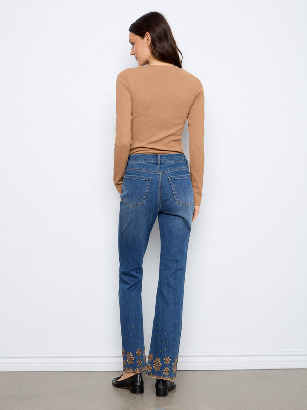 Embroidered Flare Leg Jeans With Studded Scallop Hem - Vintage Indigo