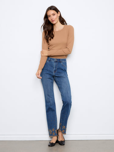 Flare leg indigo jeans showcasing exquisite floral embroidery and comfortable stretch fabric by Charlie B.