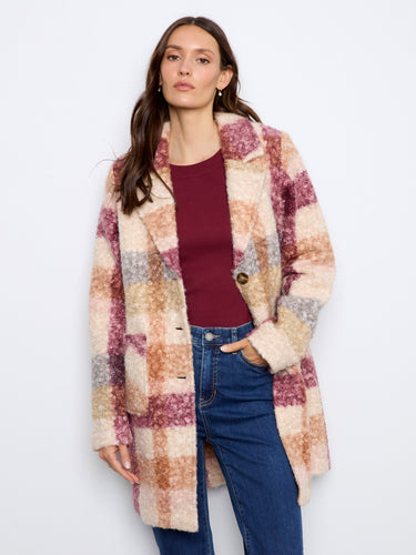 Ecru plaid boucle knit coat featuring elegant patch pockets and a rich color palette by Charlie B.
