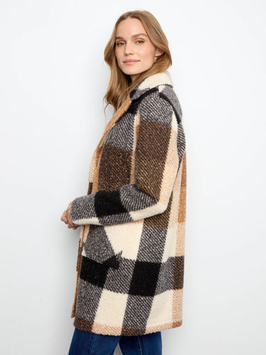 Button closure adds a classic touch to this modern plaid design by Charlie B.