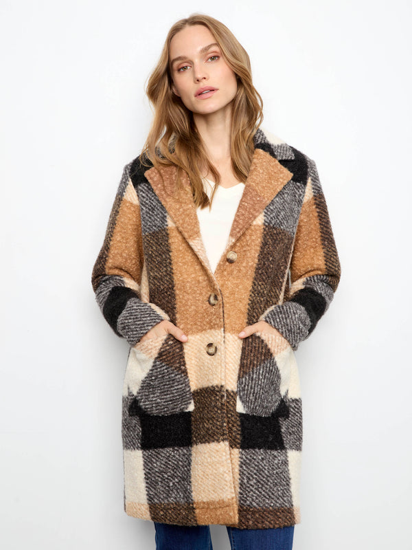 Plaid Bouclé Knit Coat - Taupe