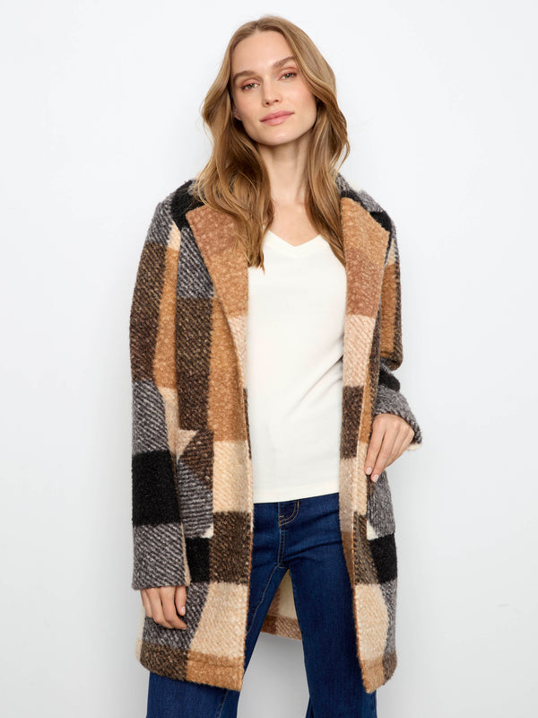 Plaid Bouclé Knit Coat - Taupe