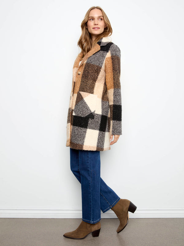 Plaid Bouclé Knit Coat - Taupe
