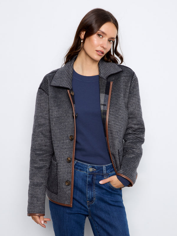 Reversible Plaid Jacket With Faux Leather Binding - Navy