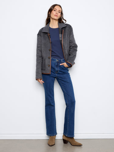 Gray reversible plaid jacket showcasing a classic shirt collar design with elegant button closures by Charlie B.