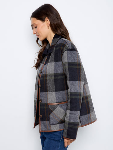 Chic navy plaid jacket featuring a reversible design, complete with stylish patch pockets and buttons by Charlie B.