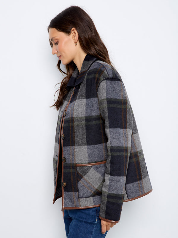 Reversible Plaid Jacket With Faux Leather Binding - Navy