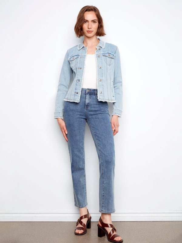 Frayed Edge Stretch Denim Jacket - Bleach Blue
