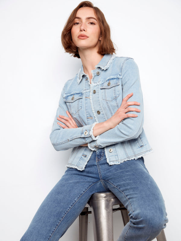 Frayed Edge Stretch Denim Jacket - Bleach Blue