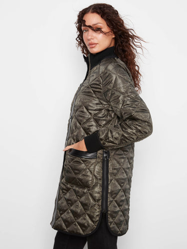 Elegant green puffer coat featuring convenient patch pockets and reversible style by Charlie B.