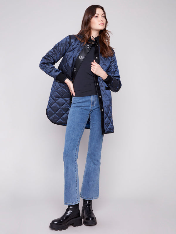Reversible Long Quilted Puffer Jacket - Navy
