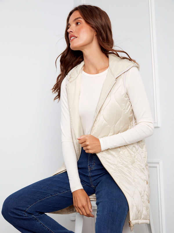 Stylish long hooded vest in champagne with quilted detailing for texture by Charlie B.