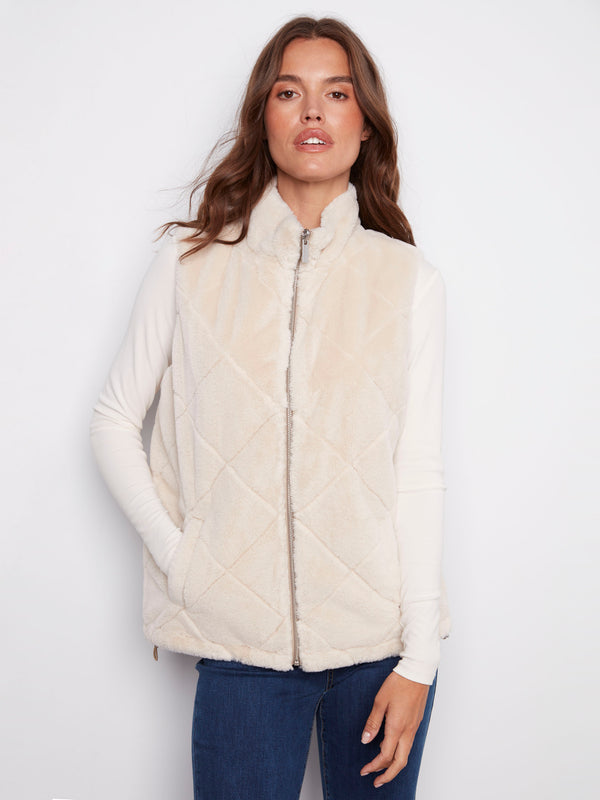 Greige vest featuring welt pockets and a soft faux fur texture, perfect for a cozy look by Charlie B.