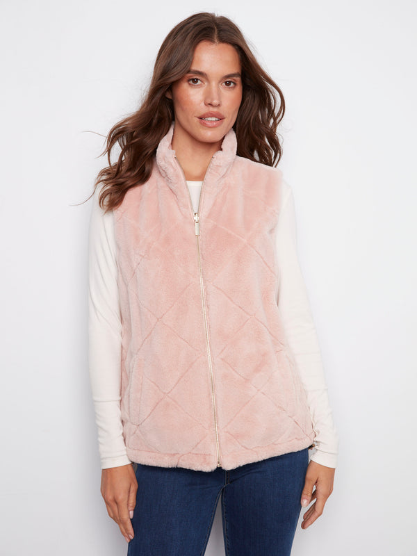 Ballet pink vest with soft faux fur, featuring welt pockets for added convenience by Charlie B.
