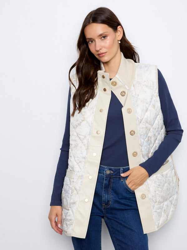 Irridescent Printed Reversible Quilted Vest - Pearl