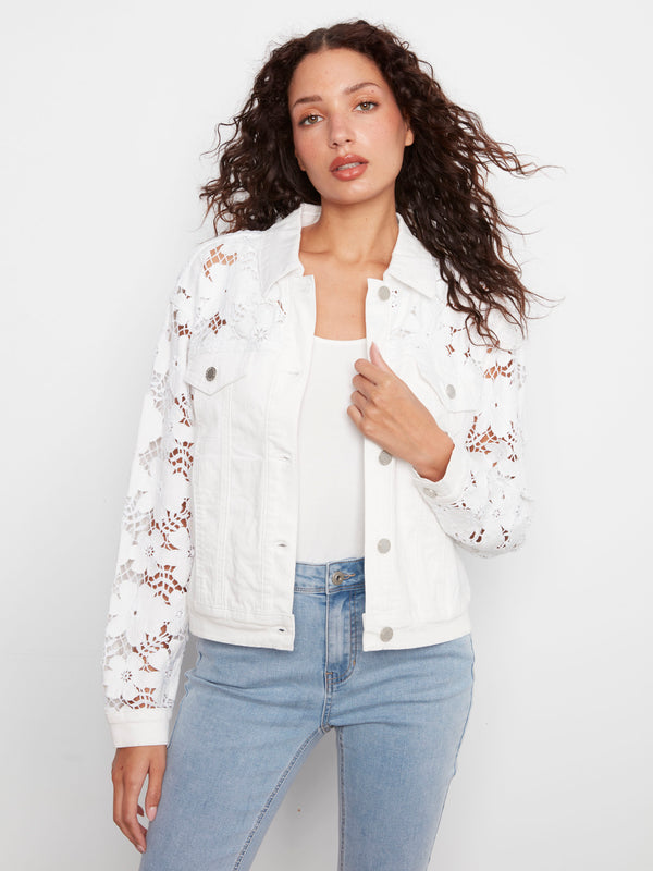White twill jacket featuring a stylish shirt collar and intricate floral embroidery, perfect for any occasion by Charlie B.
