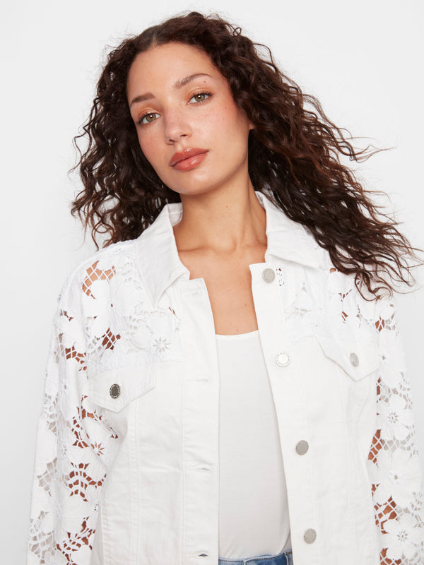 Stylish white twill jacket showcasing a classic shirt collar and detailed embroidered sleeves by Charlie B.