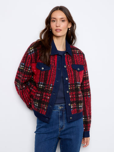 Red plaid jacket with a classic button-front closure, offering both style and functionality. Designed by Charlie B.