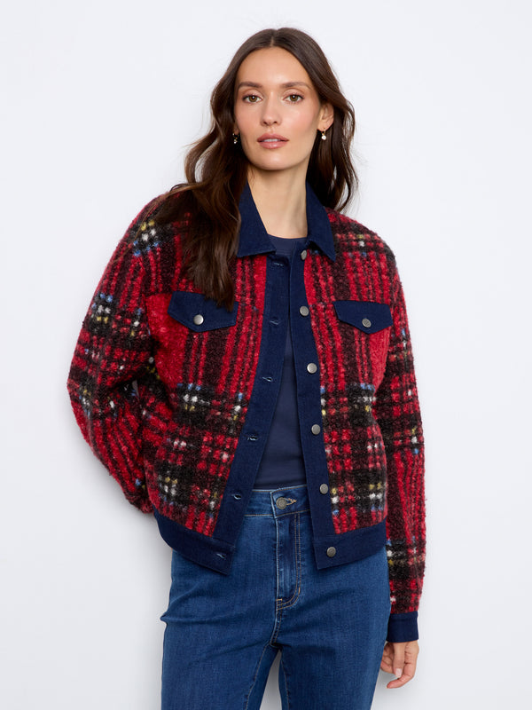 Plaid Bouclé Jacket With Denim Trim - Cranberry