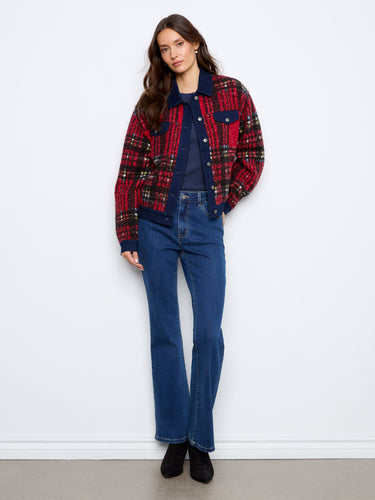 Stylish red plaid jacket featuring a traditional shirt collar for a timeless look. Crafted by Charlie B.