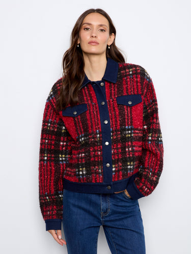 This red plaid jacket includes denim trim accents, adding a modern twist to its design. Created by Charlie B.