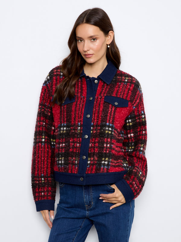 Plaid Bouclé Jacket With Denim Trim - Cranberry
