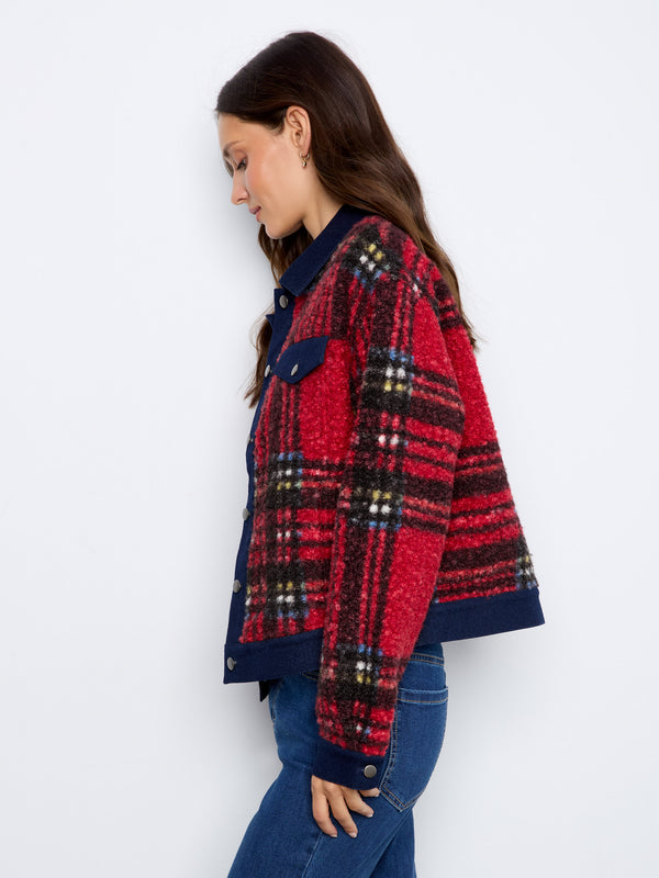 Plaid Bouclé Jacket With Denim Trim - Cranberry