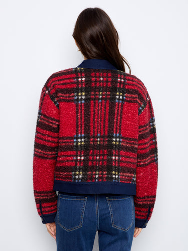 Chic red plaid jacket showcasing classic shirt collar design, perfect for versatile styling. Made by Charlie B.