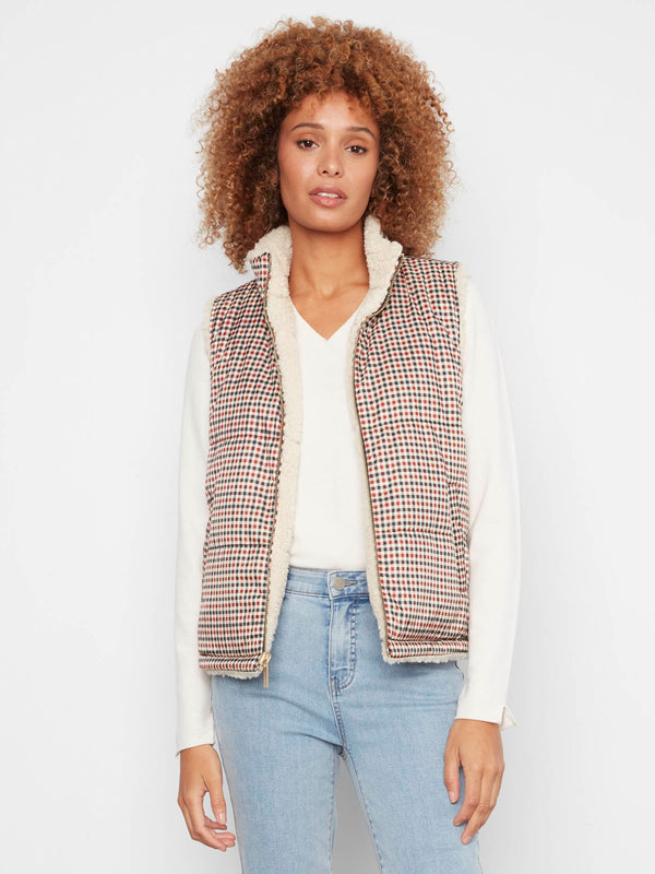 Reversible Plaid Quilted Sherpa Vest - Merlot