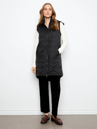 Stylish black vest with a quilted design, perfect for layering. Features a zip-front closure for easy wear. By Charlie B.