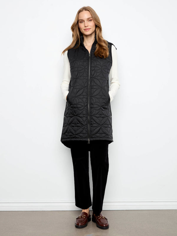 Long Hooded Puffer Vest - Black