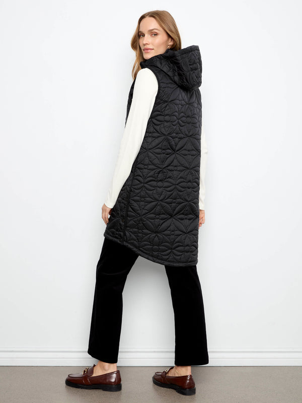 Long Hooded Puffer Vest - Black