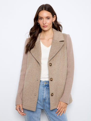 Taupe wool blend jacket with rib-knit sleeves and notched lapel, featuring button-front closure by Charlie B.