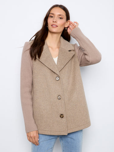 Elegant taupe jacket showcasing a notched lapel collar and button-front design in a soft wool blend by Charlie B.