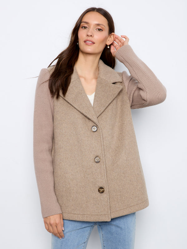 Wool Blend Jacket With Rib Knit Sleeves - Heather Taupe