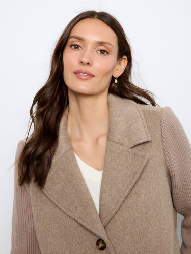 Stylish taupe jacket with rib-knit sleeves and practical slash pockets, made from a cozy wool blend by Charlie B.