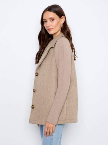 Sophisticated heather-taupe jacket featuring button closure and chic rib-knit sleeves in premium wool blend by Charlie B.
